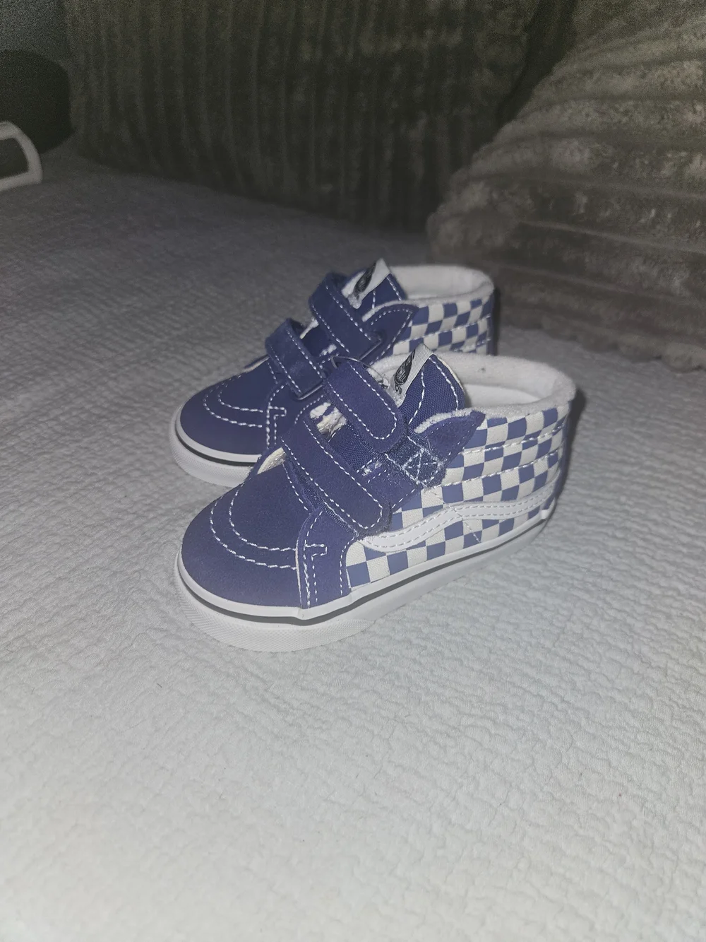 Kids Blue Checkered High-Top Vans Sneakers with Velcro Straps